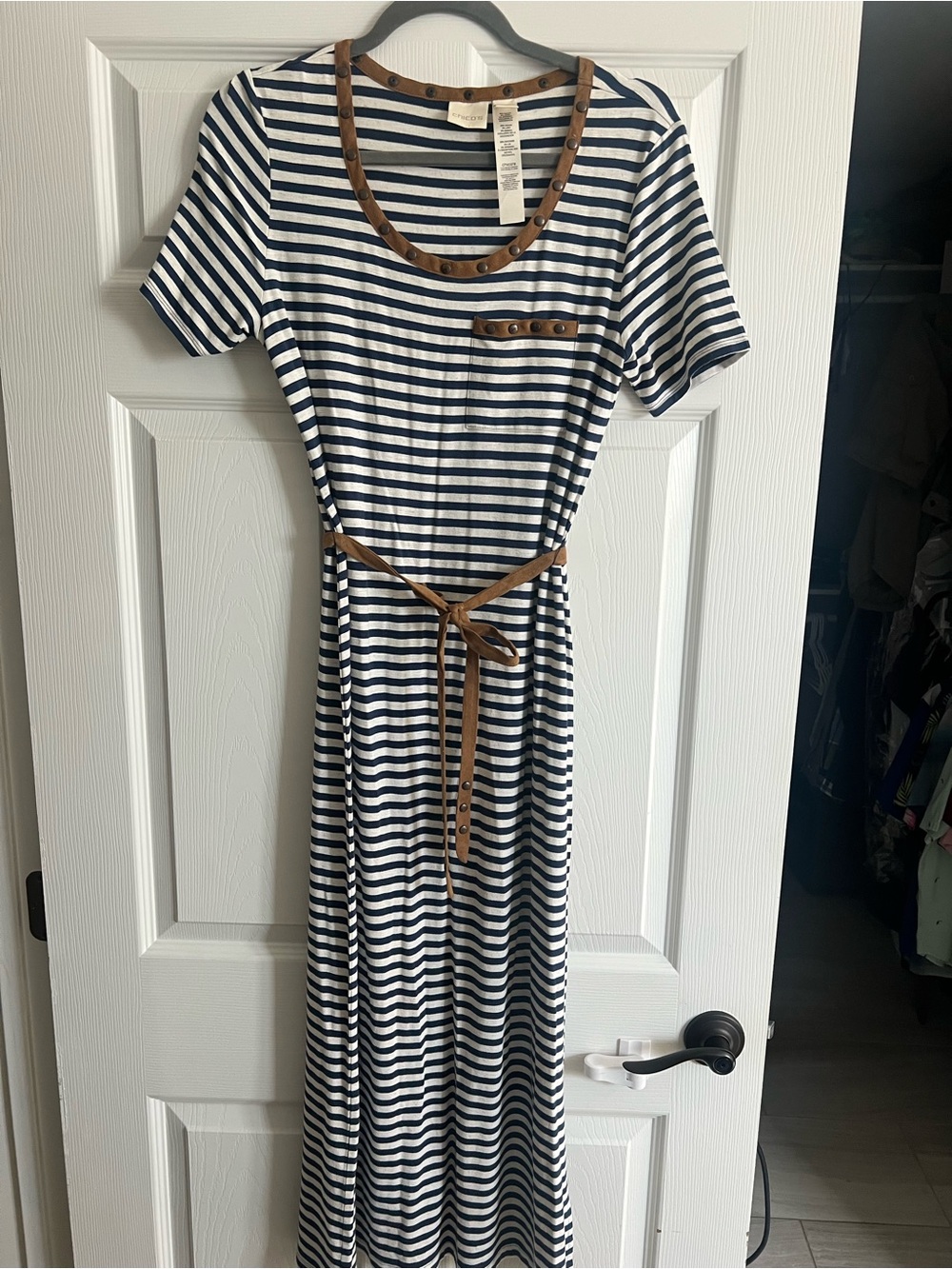 Chico's Navy & White Striped Maxi Dress with Brown Trim